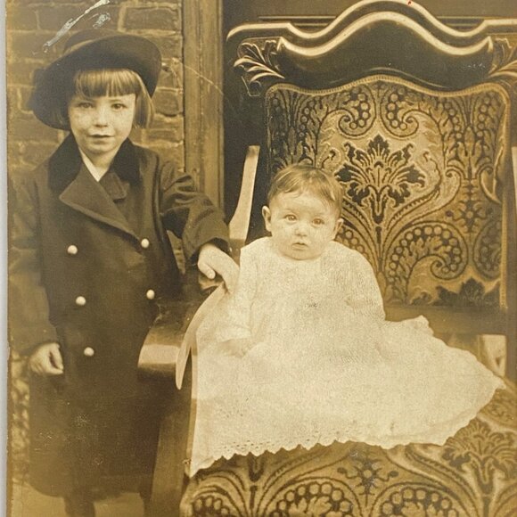RPPC c1910 Girl and Baby Christening Gown Gel Silver CyKo Divided Back Postcard - Picture 1 of 3